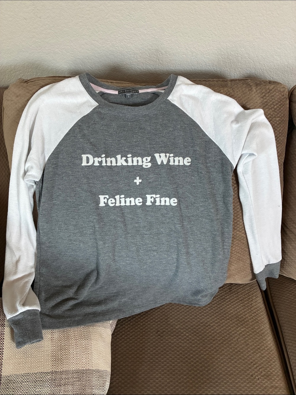 Gray & White Raglan Pullover Sweatshirt - "Drinking Wine + Feline Fine"